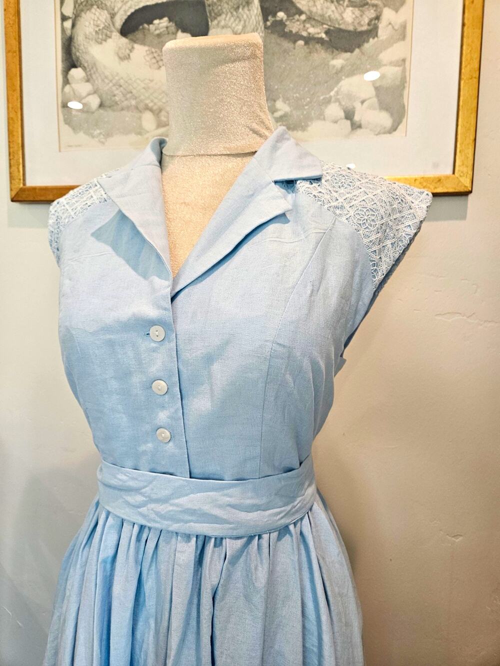LinenVibes Womens Light Blue Lace Yoke Maxi Dress Cotton Linen Sz XS NWT